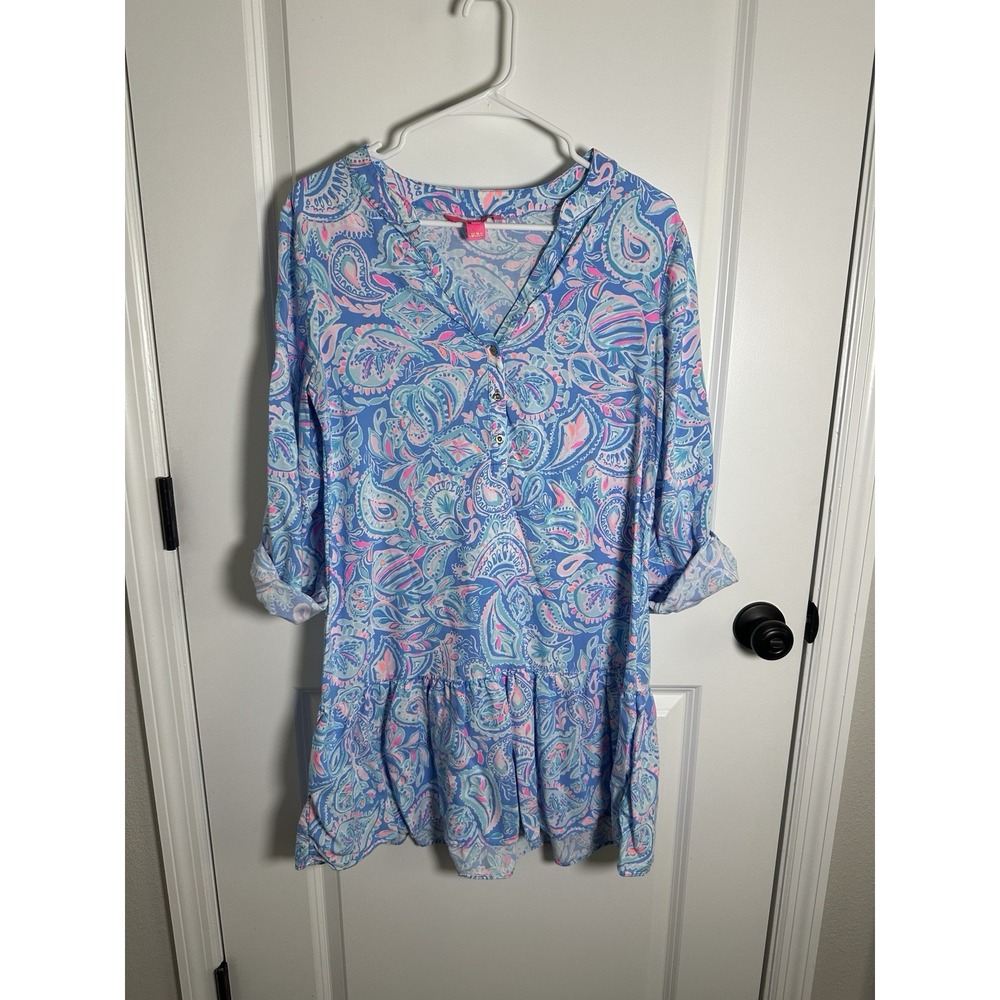 Lilly Pulitzer Charlee Tunic Dress Zanzibar Blue Fish‎ Kiss Size Medium EUC